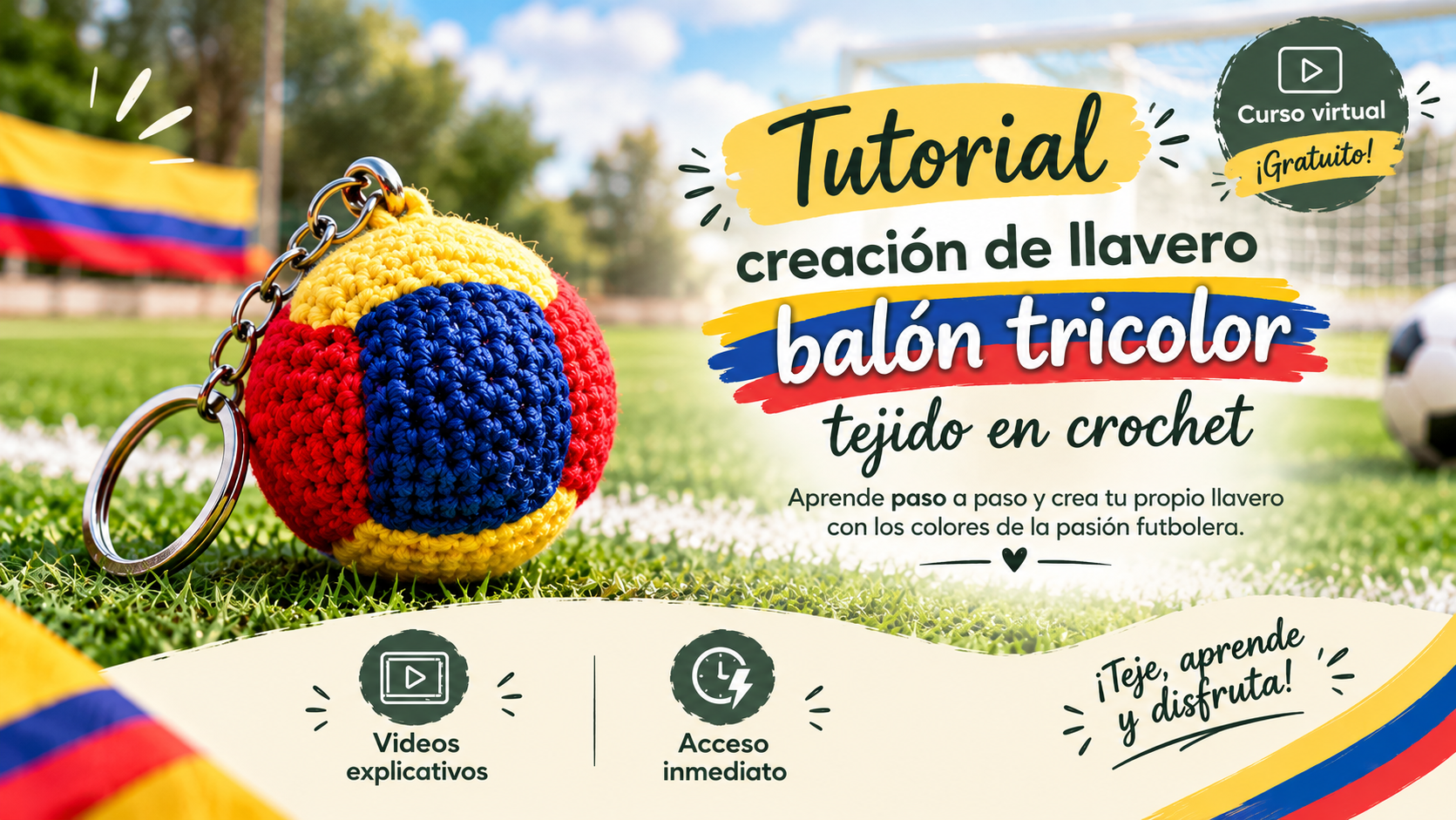 Tutorial creación de llavero Balón Tricolor Tejido en Crochet